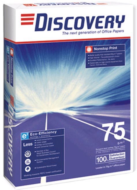carta Carta per fotocopie Discovery. 75 grammi, formato A4. Cartiera Soporcel Prodotta dalla cartiera Soporcel con cellulosa di eucalipto. Si tratta della prima carta di questa grammatura, destinata ad applicazioni ad alto volume. Spessore my 106, opacit 92%, bianco CIE: 161..