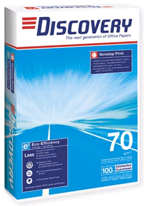 carta CartaFotocopieDiscovery. 70grammi, formatoA4. CartieraSoporcel Prodotta dalla cartiera Soporcel con cellulosa di eucalipto. Si tratta della prima carta di questa grammatura, destinata ad applicazioni ad alto volume. Spessore my 106, opacit 92%, bianco CIE: 161..