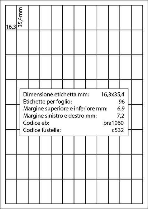 wereinaristea EtichetteAutoadesive 16,3x35,4mm(35,4x16,3) CartaBIANCA Angoli spigolo, 96 etichette su foglio A4 (210x297mm), adesivo permanente, per ink-jet, laser e fotocopiatrici.