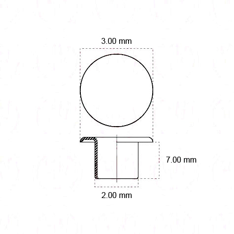 legatoria Rivetto in ottone tornito massiccio, tubetto + testa NICHELATO, per fori diametro 2mm, altezza 7mm. testa diametro 3mm, altezza utile tra le due teste 7mm.