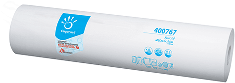 carta Lenzuolini medici a rotolo qualit special, 2 veli, goffratura micro, per uso alimentare, altezza 59,5cm, lunghezza 36,5cm, lunghezza totale 76,65 metri, diametro rotolo 14,5cm, strappi 210, peso 1,597kg.