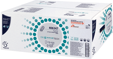 carta Asciugamani piegati a Z DissolveTech BIANCHI in pura cellulosa non riciclata, 2 veli, goffratura wave, per uso alimentare, altezza 24cm, lunghezza 20,3cm.