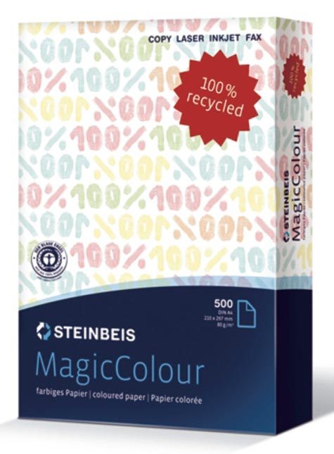 carta CartaRiciclataColorata Steinbeis AZZURRA, 80gr, a5  Magic Colour, 80 grammi, formato a5 (148x210mm), 100% carta riciclata, certificata Nordic Swan e Blauer Engel, adatta per stampa, copia e fax.