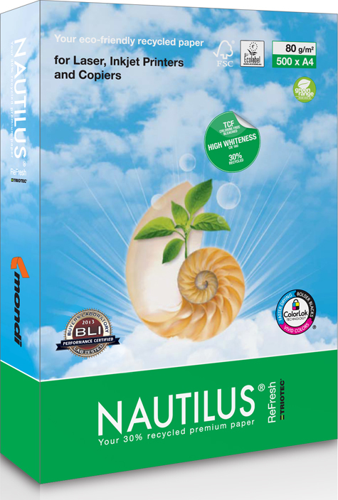 carta Carta per fotocopie Ecologica Mondi Nautilus REFRESH, 75 grammi 30% Riciclata, formato A3 (420x297mm), certificata ISO 9706, FSC ed Ecolabel, Bianco ISO 161, adatta a tutte le applicazioni.