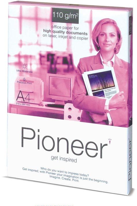 carta CartaFotocopie PortucelSoporcel Pioneer, 110grammi, formatoA4  (210x297mm) prodotta con cellulosa di eucalipto, sbiancata con il metodo ECF, certificata ISO 9706, elevato grado di bianco (171), lelevata opacit permette stampe fronte-retro senza rischio di trasparenze (97), grado di liscio (120), spessore 134mm:1000.