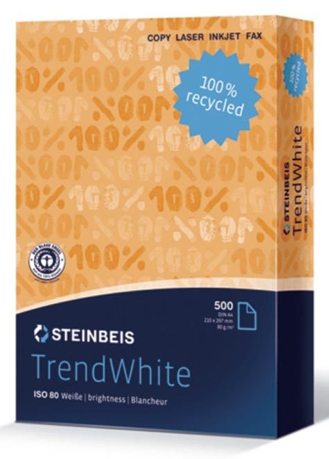 carta CartaRiciclata SteinbeisTrendWhite BIANCA, 80gr, A4  Bianco ISO 80, 100% carta riciclata, formato A4 (210x297mm), certificata Nordic Swan e Blauer Engel, prodotta con un notevole risparmio di acqua, Bianco ISO 80, adatta a tutte le applicazioni.
