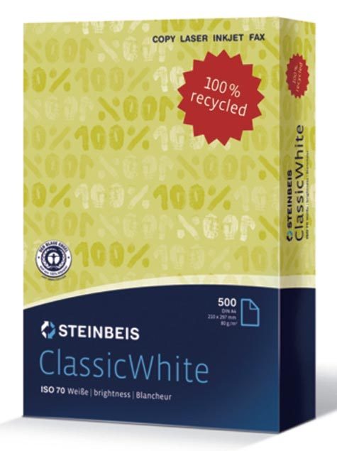 carta CartaRiciclata SteinbeisClassicWhite BIANCA, 80gr, A4 Bianco ISO 70, 100% carta riciclata, certificata Nordic Swan e Blauer Engel, ottimo rapporto qualit prezzo.