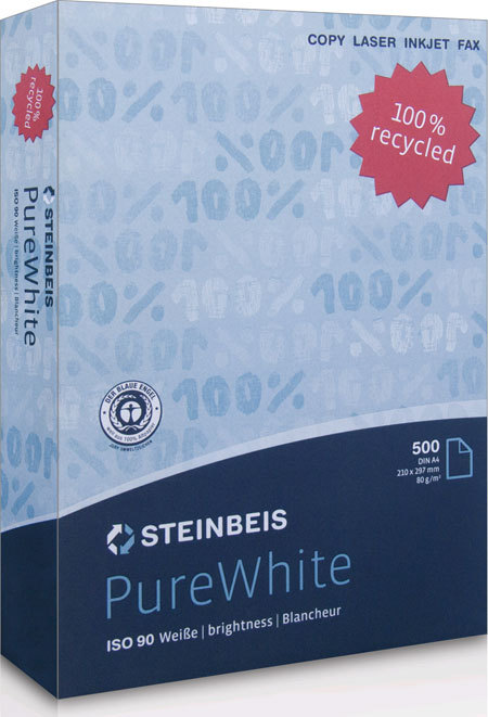 carta CartaRiciclata SteinbeisPureWhite BIANCA, 80gr, a3 Bianco ISO 90, Carta per fotocopie, 80 grammi, formato a3 (297x420mm), 100% carta riciclata, certificata Nordic Swan e Blauer Engel, prodotta con un notevole risparmio di acqua, adatta a tutte le applicazioni.