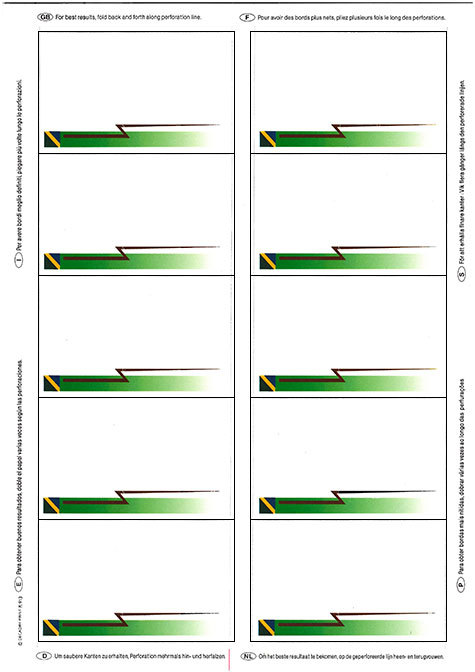 carta Biglietto da visita 54x85mm, cornice -green flash- Per stampanti laser & inkjet. Da un  foglio A4 si ottengono 10 biglietti da visita 85x54mm, 185gr.