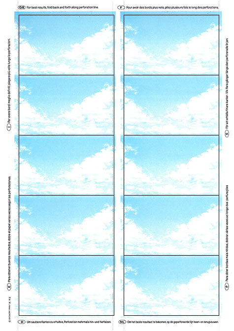 carta Biglietto da visita 54x85mm -sky- per stampanti laser & inkjet. Da un  foglio A4 si ottengono 10 biglietti da visita 85x54mm.