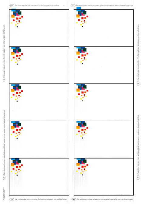 carta Biglietto da visita 54x85mm, cornice -pixels- Per stampanti laser & inkjet. Da un  foglio A4 si ottengono 10 biglietti da visita 85x54mm, 185gr.