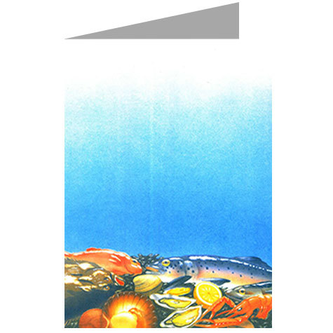 carta cartoncino piegato in 2 con soggetto -seafood- per stampanti laser & inkjet. Foglio A4 piegabile in A5, 165gr x mq, personalizzata a tema.