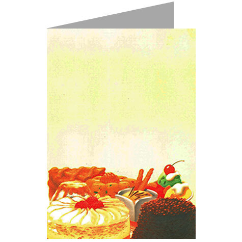 carta cartoncino piegato in 2 con soggetto -desserts- per stampanti laser & inkjet. Foglio A4 piegabile in A5, 165gr x mq, personalizzata a tema.