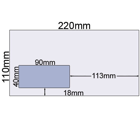 carta Busta 220x110mm, Premium, 100gr-mq BIANCO EXTRA, internografata, altezza pattella 37mm, chiusura autoadesiva, Fnestra a sinistra 90x40mm: 18mm dal basso, 113mm da destra. Prodotto originale Svizzero. MADE IN SWITZERLAND.