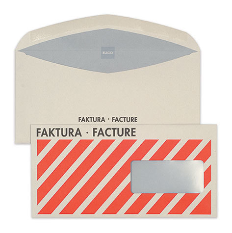 carta Busta con finestra 229x114mm, per fatture, 80gr-mq GRIGIO, con stampa esterna rosso-nero, non internografata, altezza pattella 41mm, chiusura GOMMATA, Finestra a destra 90x40mm: 30mm dal basso, 17mm da destra. Prodotto originale Svizzero. MADE IN SWITZERLAND.