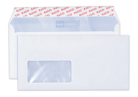 carta Busta con finestra.229x114mm. Premium. 80gr-mq BIANCO EXTRA, internografata, altezza pattella 33mm, chiusura a strip autoadesivo, Finestra a sinistra 90x45mm: 15mm dal basso, 119mm da destra. Prodotto originale Svizzero. MADE IN SWITZERLAND.