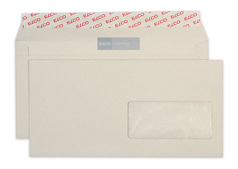 carta Busta con finestra 229x114mm, Sycling, 100gr-mq GRIGIO, 100% carta riciclata, internografata (ELCO sycling), altezza pattella 33mm, chiusura a strip autoadesivo, Fnestra a destra 100x45mm: 21mm dal basso, 12mm da destra. Prodotto originale Svizzero. MADE IN SWITZERLAND.