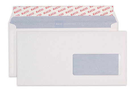 carta Busta con finestra 229x114mm, Profutura, 100gr-mq BIANCO NATURALE, 100% carta riciclata, 100% senza cloro, internografata (ELCO profutura), altezza pattella 33mm, chiusura a strip autoadesivo, Fnestra a destra 100x45mm: 21mm dal basso, 12mm da destra. Prodotto originale Svizzero. MADE IN SWITZERLAND.