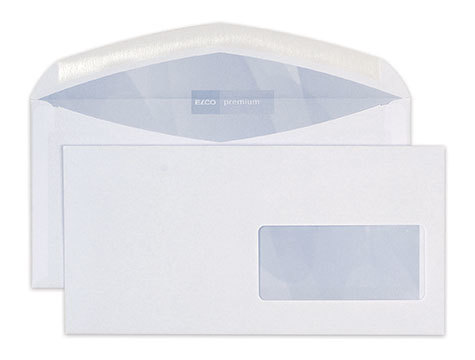 carta Busta con finestra 229x114mm. Premium. 80gr-mq BIANCO EXTRA, internografata, altezza pattella 46mm, chiusura GOMMATA, Finestra a destra 100x45mm: 21mm dal basso, 12mm da destra. Prodotto originale Svizzero. MADE IN SWITZERLAND.