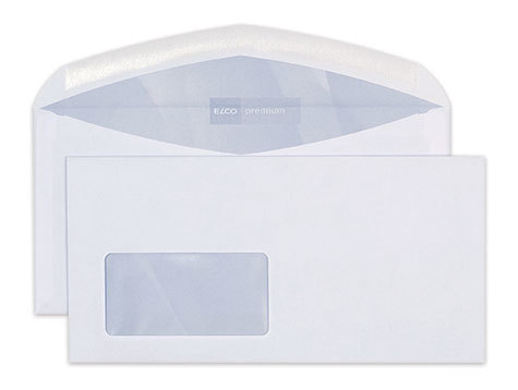 carta Busta con finestra 229x114mm. Premium. 80gr-mq BIANCO EXTRA, internografata, altezza pattella 46mm, chiusura GOMMATA, Finestra a sinistra 90x45mm: 15mm dal basso, 119mm da destra. Prodotto originale Svizzero. MADE IN SWITZERLAND.