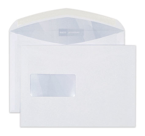 carta Busta con finestra 229x162mm, Premium, 80gr-mq BIANCO EXTRA, internografata, altezza pattella 46mm, chiusura GOMMATA, Finestra a sinistra 90x45mm: 60mm dal basso, 119mm da destra. Prodotto originale Svizzero. MADE IN SWITZERLAND .