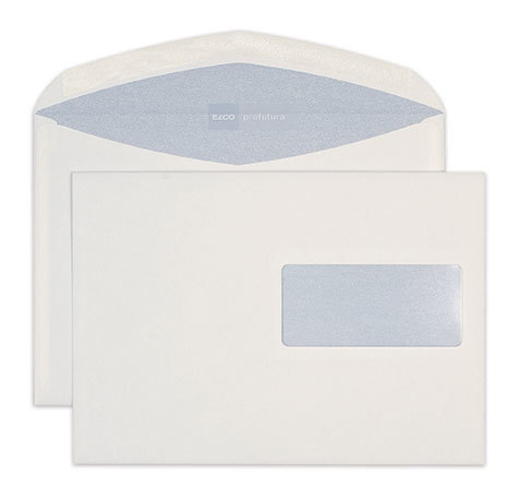 carta Busta con finestra 229x162mm, Profutura, 100gr-mq BIANCO NATURALE, 100% carta riciclata, 100% senza cloro, internografata (ELCO profutura), altezza pattella 46mm, chiusura GOMMATA, Finestra sul lato destro 100x45mm: 65mm dal basso, 12mm da destra. Prodotto originale Svizzero. MADE IN SWITZERLAND.