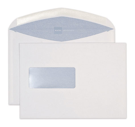 carta Busta con finestra 229x162mm, Profutura, 100gr-mq BIANCO NATURALE, 100% carta riciclata, 100% senza cloro, internografata (ELCO profutura), altezza pattella 46mm, chiusura GOMMATA, Finestra sul lato sinistro 100x45mm: 65mm dal basso, 109mm da destra. Prodotto originale Svizzero. MADE IN SWITZERLAND.