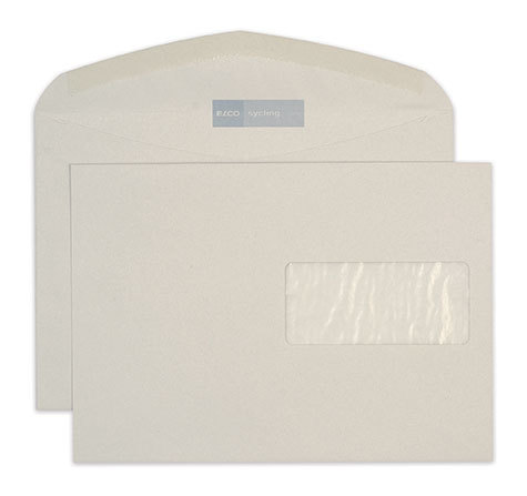 carta Busta con finestra 229x162mm, Sycling, 80gr-mq GRIGIO, 100% carta riciclata, internografata (ELCO sycling), altezza pattella 46mm, chiusura GOMMATA, Finestra sul lato destro 100x45mm: 65mm dal basso, 12mm da destra. Prodotto originale Svizzero. MADE IN SWITZERLAND.