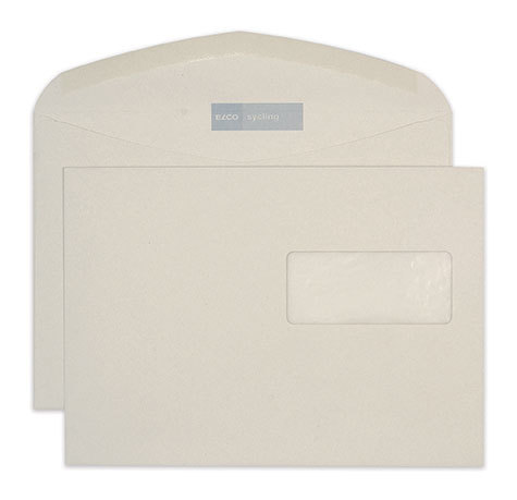 carta Busta con finestra 229x162mm, Sycling, 100gr-mq GRIGIO, 100% carta riciclata, internografata (ELCO sycling), altezza pattella 46mm, chiusura GOMMATA, Finestra sul lato destro 90x40mm: 77mm dal basso, 17mm da destra. Prodotto originale Svizzero. MADE IN SWITZERLAND.