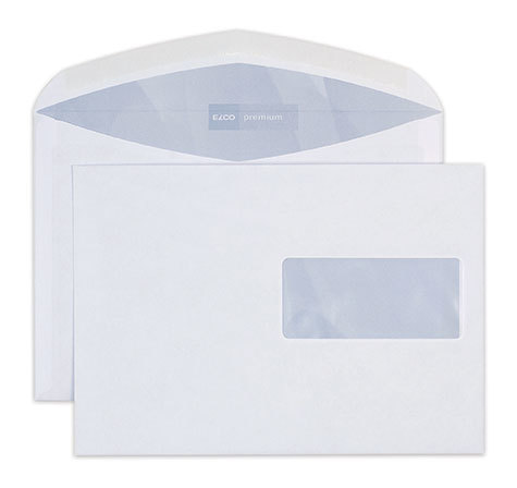 carta Busta con finestra 229x162mm, Premium, 100gr-mq BIANCO EXTRA, internografata, altezza pattella 46mm, chiusura GOMMATA, Finestra a destra 100x45mm: 65mm dal basso, 12mm da destra. Prodotto originale Svizzero. MADE IN SWITZERLAND .