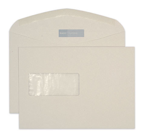 carta Busta con finestra 229x162mm, Sycling, 100gr-mq GRIGIO, 100% carta riciclata, internografata (ELCO sycling), altezza pattella 46mm, chiusura GOMMATA, Finestra sul lato sinistro 100x45mm: 65mm dal basso, 109mm da destra. Prodotto originale Svizzero. MADE IN SWITZERLAND.