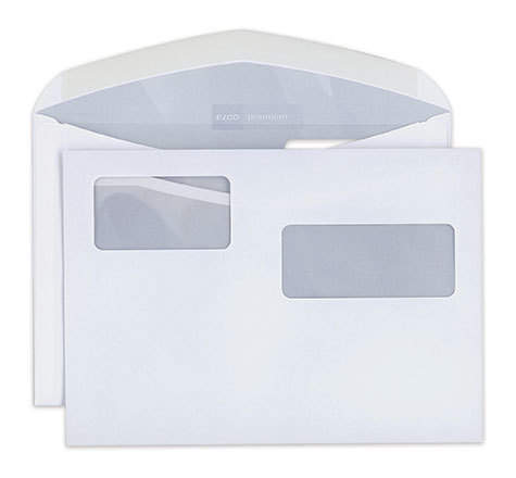 carta Busta con finestra 229x162mm, Premium, 100gr-mq BIANCO EXTRA, internografata, altezza pattella 46mm, chiusura GOMMATA, Finestra a DESTRA 95x40mm: 80mm dal basso, 15mm da destra. Finestra a SINISTRA: 75x40mm: 107mm dal basso, 139mm da destra. Prodotto originale Svizzero. MADE IN SWITZERLAND.