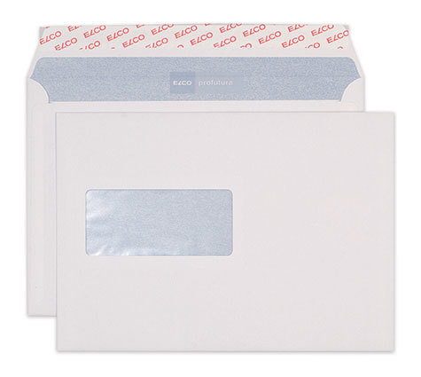 carta Busta con finestra 229x162mm, Profutura, 100gr-mq BIANCO NATURALE, 100% carta riciclata, 100% senza cloro, internografata (ELCO profutura), altezza pattella 36mm, chiusura a strip autoadesivo, Finestra sul lato sinistro 100x45mm: 65mm dal basso, 109mm da destra. Prodotto originale Svizzero. MADE IN SWITZ.