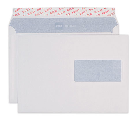 carta Busta con finestra 229x162mm, Profutura, 100gr-mq BIANCO NATURALE, 100% carta riciclata, 100% senza cloro, internografata (ELCO profutura), altezza pattella 36mm, chiusura a strip autoadesivo, Finestra sul lato destro 100x45mm: 65mm dal basso, 12mm da destra. Prodotto originale Svizzero. MADE IN SWITZERL.