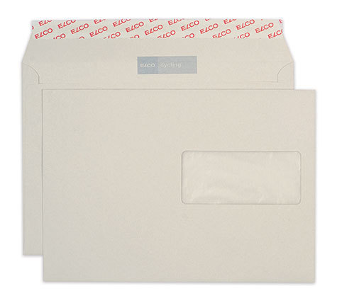 carta Busta con finestra 229x162mm, Sycling, 100gr-mq GRIGIO, 100% carta riciclata, internografata (ELCO sycling), altezza pattella 36mm, chiusura strip autoadesiva, Finestra sul lato destro 100x45mm: 65mm dal basso, 12mm da destra. Prodotto originale Svizzero. MADE IN SWITZERLAND.