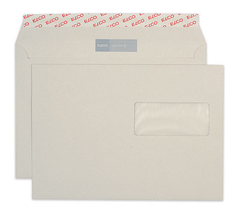 carta Busta con finestra 229x162mm, Sycling, 100gr-mq GRIGIO, 100% carta riciclata, internografata (ELCO sycling), altezza pattella 36mm, chiusura strip autoadesiva, Finestra sul lato destro 90x40mm: 77mm dal basso, 17mm da destra. Prodotto originale Svizzero. MADE IN SWITZERLAND.