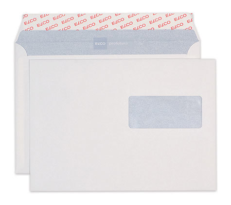carta Busta con finestra 229x162mm, Profutura, 100gr-mq BIANCO NATURALE, 100% carta riciclata, 100% senza cloro, internografata (ELCO profutura), altezza pattella 36mm, chiusura a strip autoadesivo, Finestra sul lato destro 90x40mm: 77mm dal basso, 17mm da destra. Prodotto originale Svizzero. MADE IN SWITZERLA.