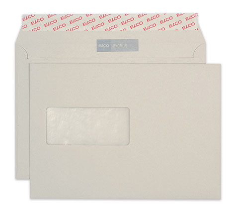 carta Busta con finestra 229x162mm, Sycling, 100gr-mq GRIGIO, 100% carta riciclata, internografata (ELCO sycling), altezza pattella 36mm, chiusura strip autoadesiva, Finestra sul lato sinistro 100x45mm: 65mm dal basso, 109mm da destra. Prodotto originale Svizzero. MADE IN SWITZERLAND.