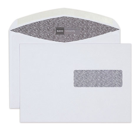 carta Busta con finestra 229x162mm, Security, 100gr-mq BIANCO EXTRA, internografata, altezza pattella 46mm, chiusura GOMMATA, Finestra sul lato destro 100x35mm: 72mm dal basso, 18mm da destra. Prodotto originale Svizzero. MADE IN SWITZERLAND.