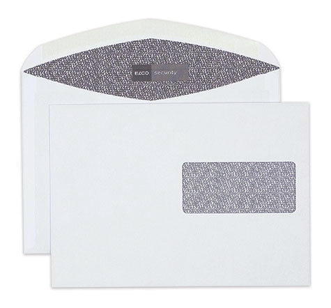 carta Busta con finestra 229x162mm, Security, 100gr-mq BIANCO EXTRA, internografata, altezza pattella 46mm, chiusura GOMMATA, Finestra sul lato destro 100x45mm: 65mm dal basso, 12mm da destra. Prodotto originale Svizzero. MADE IN SWITZERLAND.