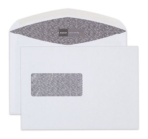 carta Busta con finestra 229x162mm, Security, 100gr-mq BIANCO EXTRA, internografata, altezza pattella 46mm, chiusura GOMMATA, Finestra sul lato sinistro 100x45mm: 65mm dal basso, 109mm da destra. Prodotto originale Svizzero. MADE IN SWITZERLAND.