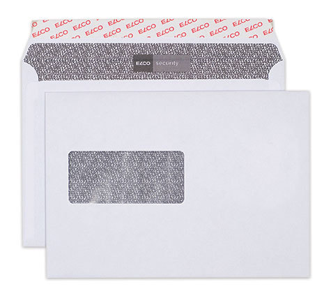 carta Busta con finestra 229x162mm, Security, 100gr-mq BIANCO EXTRA, internografata, altezza pattella 36mm, chiusura a strip autoadesivo, Finestra sul lato sinistro 100x45mm: 65mm dal basso, 109mm da destra. Prodotto originale Svizzero. MADE IN SWITZERLAND.