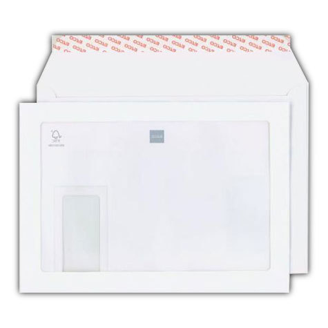 carta Busta con finestra MAXIWINDOW 324x229mm, Premium, 120gr-mq BIANCO EXTRA, internografata, altezza pattella 57mm, chiusura a strip autoadesivo, Finiestra sul lato anteriore 275x180: 24mm dal basso, 24mm da destra. Finestra sul retro a sinistra 45x100mm: 20mm dal basso, 225mm da destra. Prodotto originale Svizzero. .