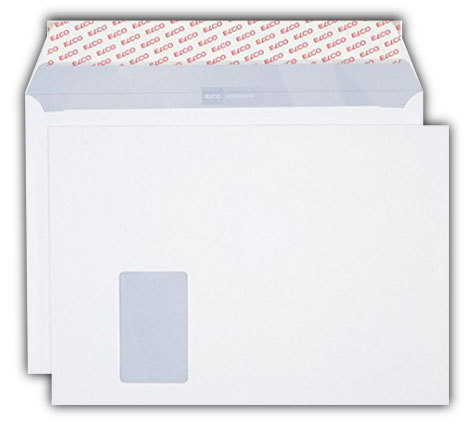 carta Busta con finestra 324x229mm, Premium, 100gr-mq BIANCO EXTRA, internografata, altezza pattella 57mm, chiusura a strip, Finestra sul lato sinistro 55x90mm: 20mm dal basso, 212mm da destra. Prodotto originale Svizzero. MADE IN SWITZERLAND.