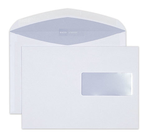 carta Busta con finestra 229x162mm, Classic, 100gr-mq BIANCO, internografata, altezza pattella 46mm, chiusura GOMMATA, Finestra sul lato destro 100x45mm: 65mm dal basso, 12mm da destra. Prodotto originale Svizzero. MADE IN SWITZERLAND.