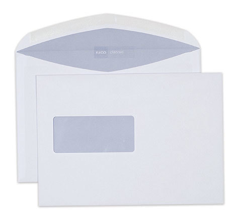 carta Busta con finestra 229x162mm, Classic, 100gr-mq BIANCO EXTRA, internografata, altezza pattella 46mm, chiusura GOMMATA, Finestra sul lato sinistro 100x45mm: 65mm dal basso, 109mm da destra. Prodotto originale Svizzero. MADE IN SWITZERLAND.