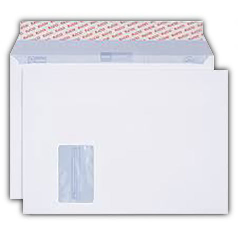 carta Busta con finestra 324x229mm, Classic, 120gr-mq BIANCO EXTRA, internografata, altezza pattella 57mm, chiusura a strip autoadesivo, Finestra sul lato sinistro 45x100mm: 20mm dal basso, 225mm da destra. Prodotto originale Svizzero. MADE IN SWITZERLAND.