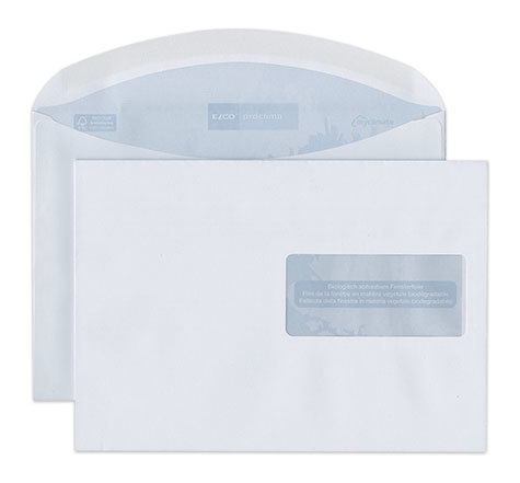 carta Busta con finestra 229x162mm, Proclima, 100gr-mq BIANCO NATURALE, 100% carta riciclata, internografata (ELCO proclima), altezza pattella 36mm, chiusura GOMMATA, Finestra sul lato sinistro 100x45mm: 65mm dal basso, 12mm da destra. Prodotto originale Svizzero. MADE IN SWITZERLAND.