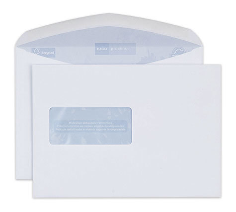 carta Busta con finestra 229x162mm, Proclima, 100gr-mq BIANCO NATURALE, chiusura GOMMATA, altezza pattella 46mm. Finestra sul lato sinistro 100x45mm: 65mm dal basso, 109mm da destra. Prodotto originale Svizzero. MADE IN SWITZERLAND. internografata (ELCO proclima), 100% carta riciclata.