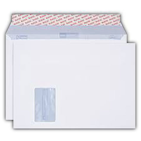carta Busta con finestra 324x229mm, Proclima, 120gr-mq BIANCO NATURALE, 100% carta riciclata, internografata (ELCO proclima), altezza pattella 57mm, chiusura a strip autoadesivo, Finestra sul lato sinistro 45x100mm: 20mm dal basso, 212mm da destra. Prodotto originale Svizzero. MADE IN SWITZERLAND.